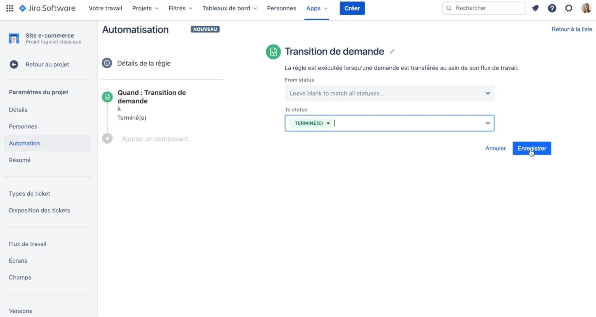 automation for jira champ terminé
