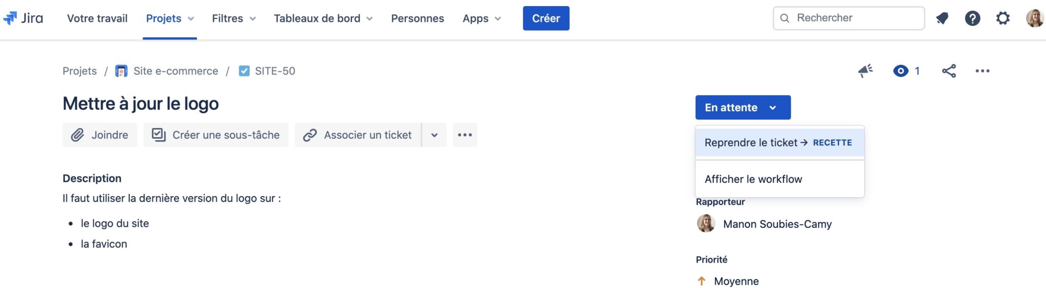 reprendre le ticket jira