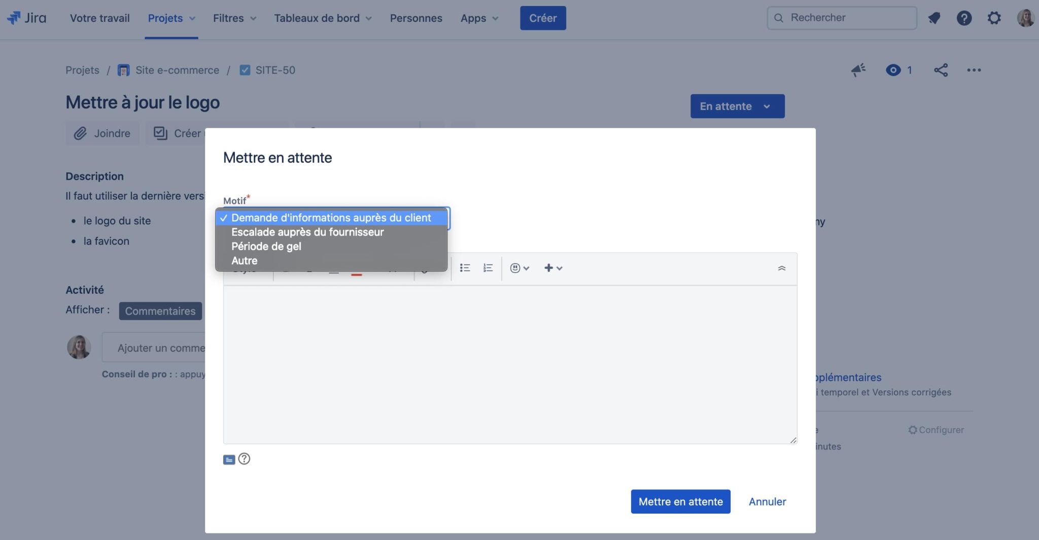 mettre en attente un ticket jira