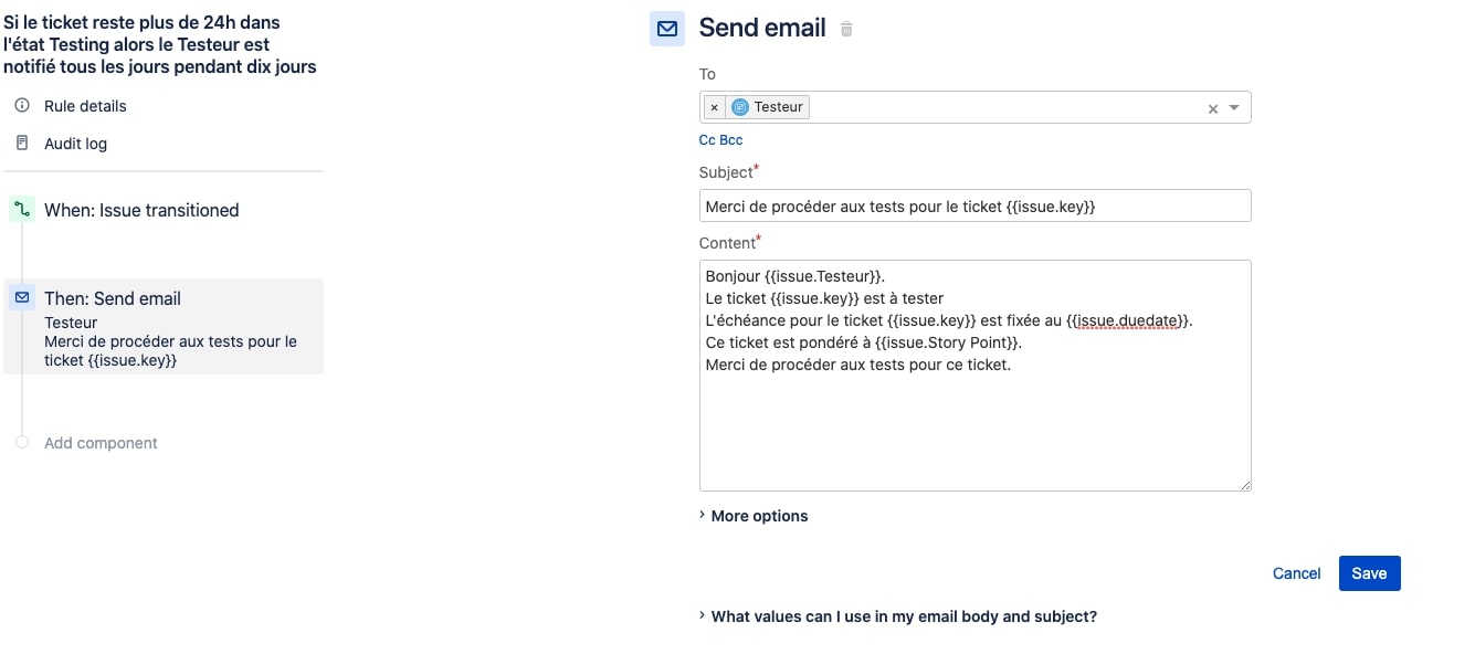 envoyer mail smart values jira