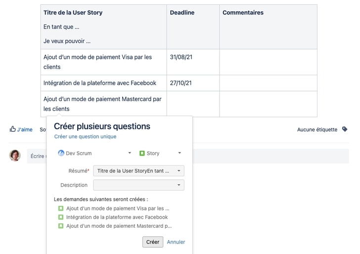 Stories à créer dans Confluence Cloud