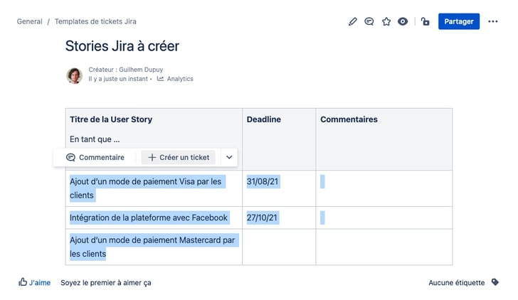 Stories à créer dans Confluence Cloud