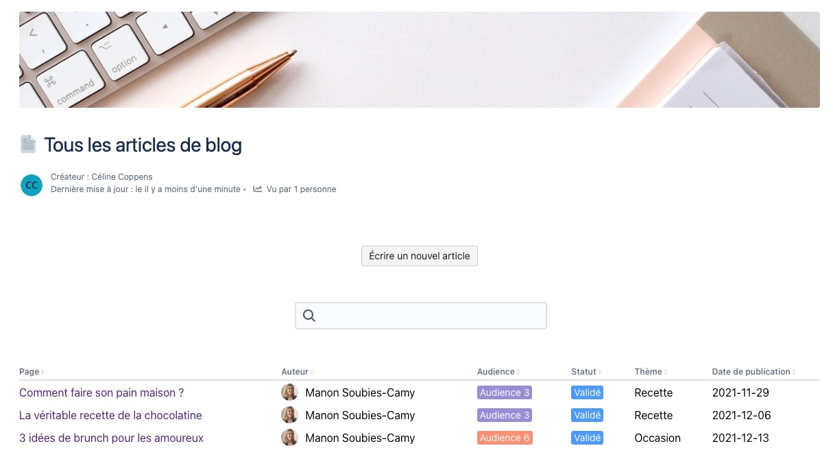 Suivi des articles de blog Confluence