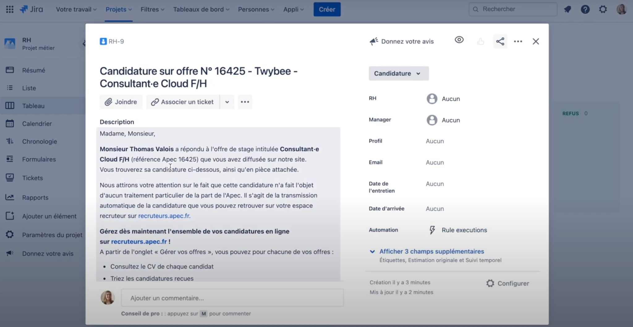 ticket candidature jira rh