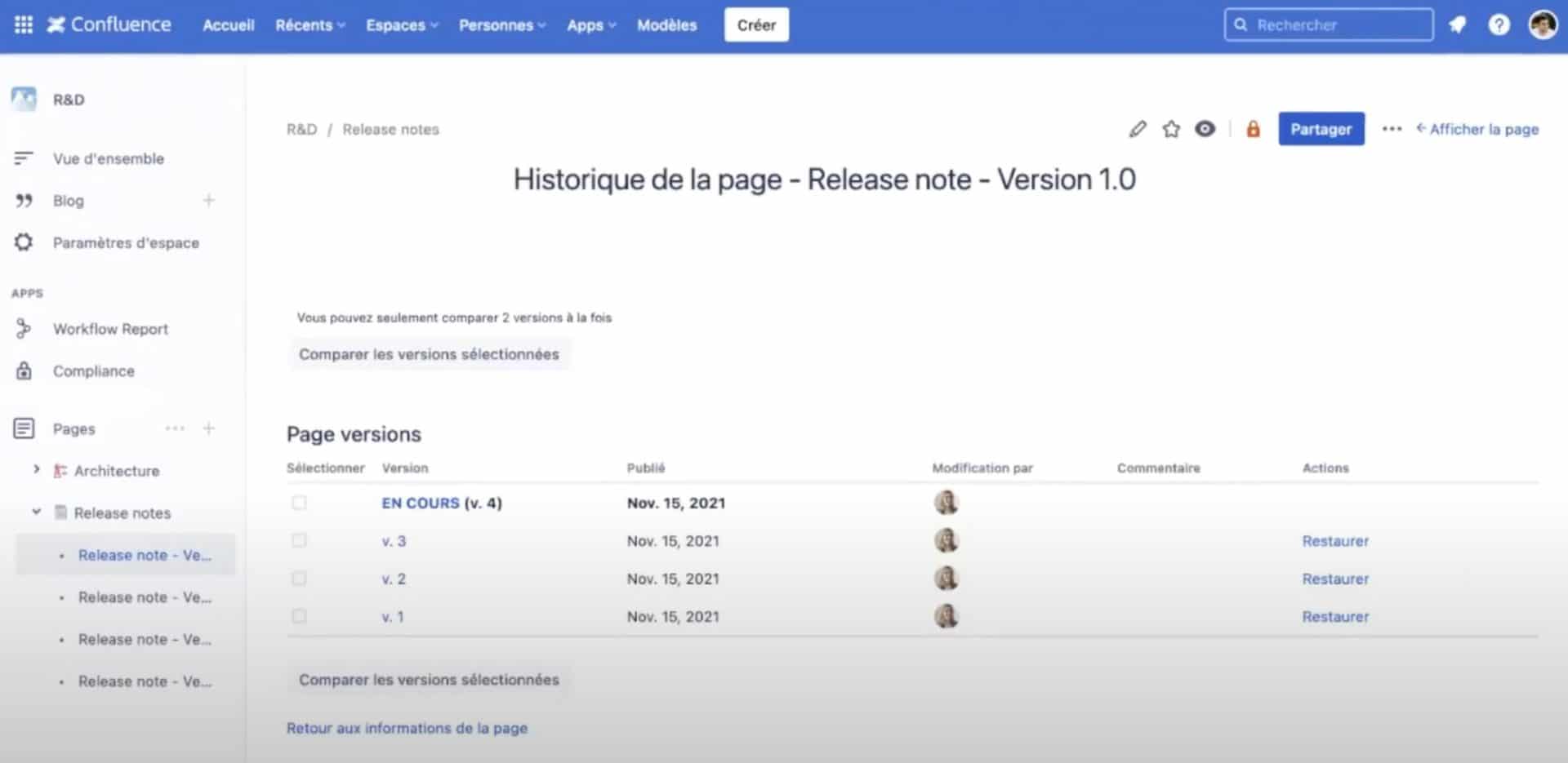 Historique des pages Confluence