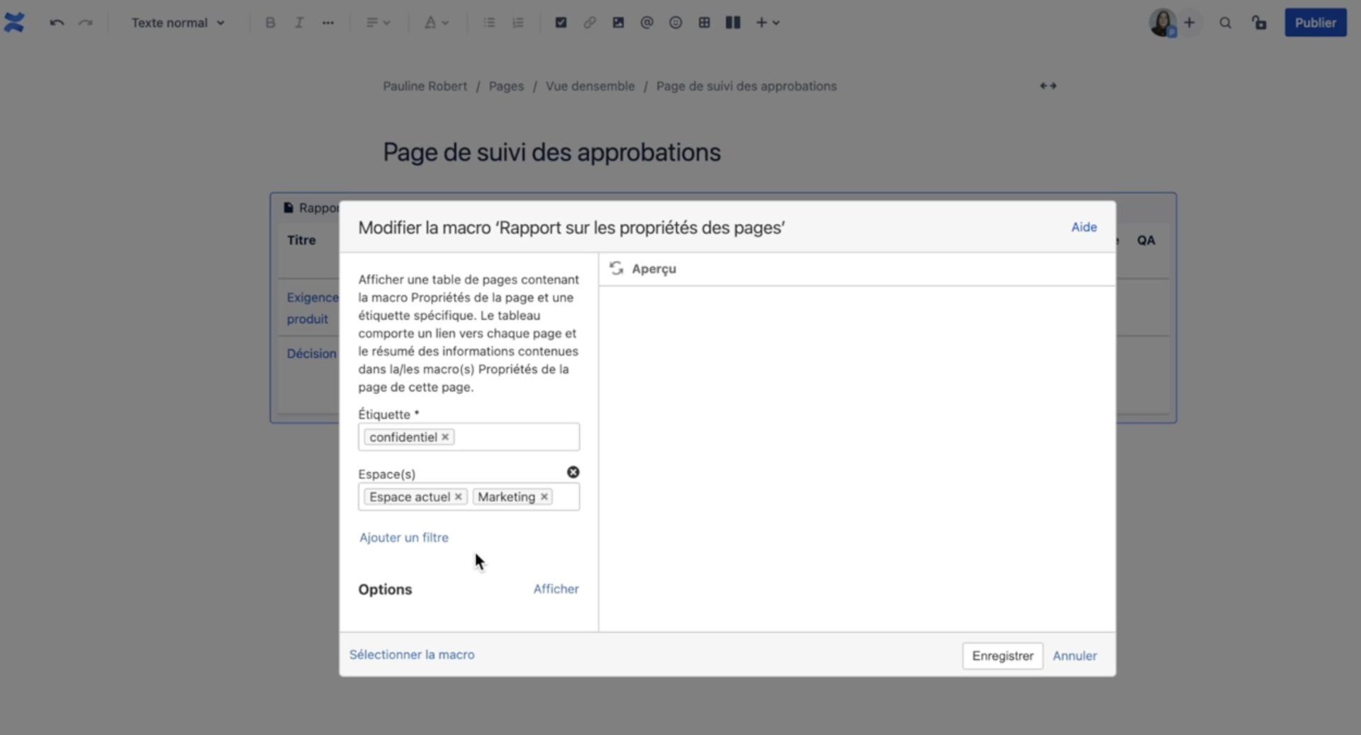 Rapport sur les propriétés de toutes les pages”.