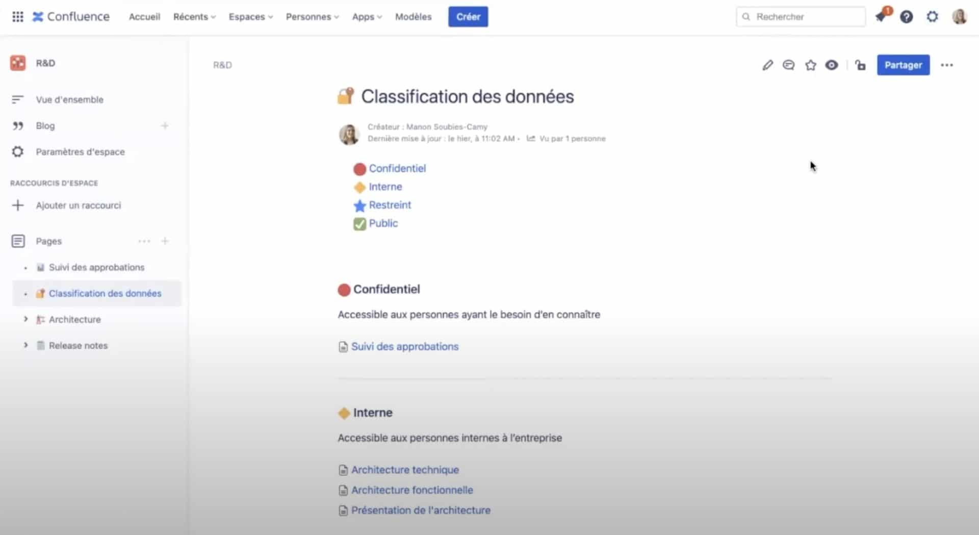 page de classification des données